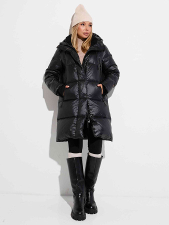 Женский пуховик с капюшоном удлиненный, черное золото