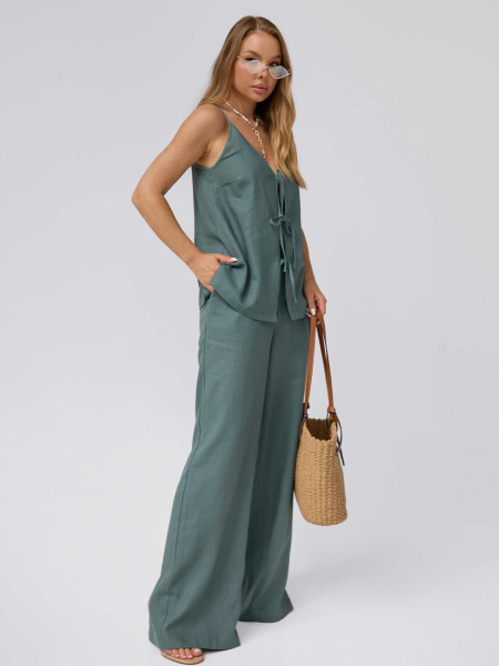 Льняные брюки-палаццо летние, серо-зеленые