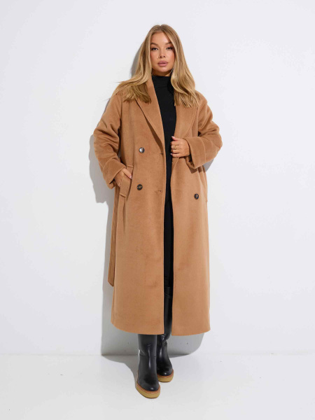 Двубортное женское пальто с поясом, кэмел