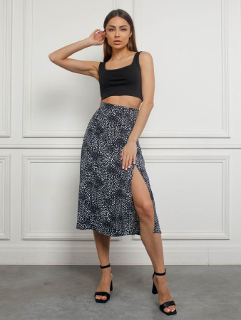 Юбка-миди с разрезом, черно-белые камушки