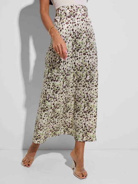 Юбка-макси атласная с разрезом, бежево-фисташковая