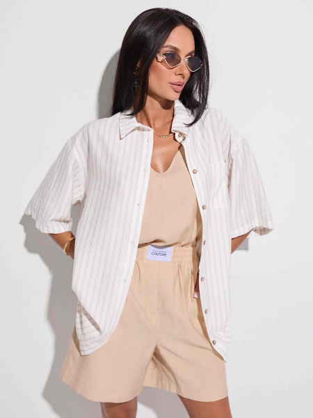 Рубашка в полоску с коротким рукавом, бело-бежевая