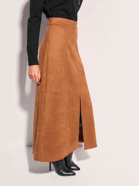 Юбка-трапеция из экозамши с разрезом, коричневая
