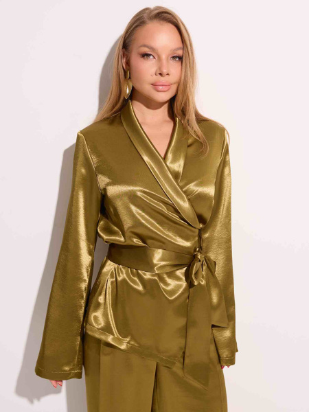 Атласный жакет с поясом в пижамном стиле, оливковый