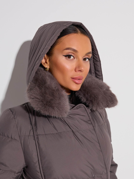 Зимнее пальто с капюшоном и меховым воротником, графит