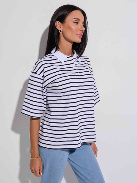 Футболка поло оверсайз в полоску, бело-черная