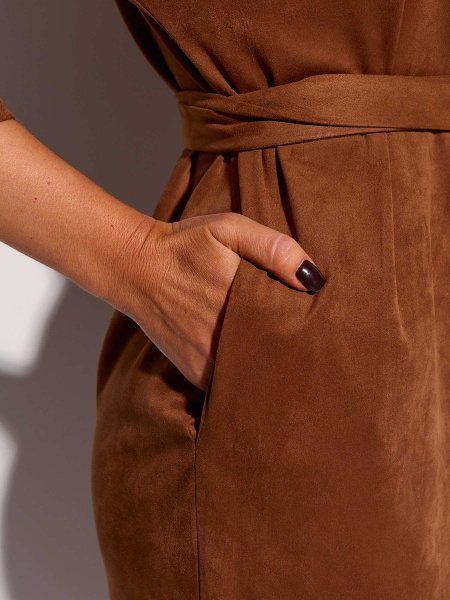 Платье-миди с поясом, темно-коричневое