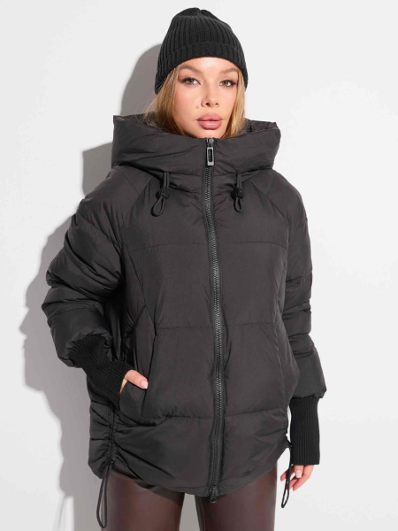 Зимний пуховик с капюшоном и высоким воротником, черный#1