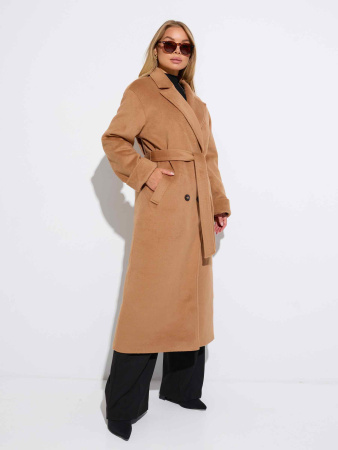 Двубортное женское пальто с поясом, кэмел