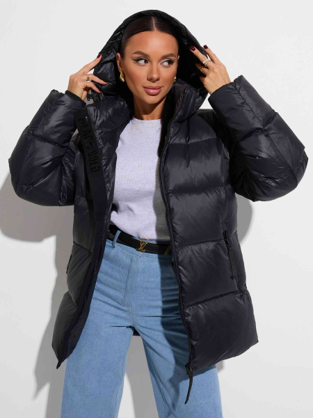 Женский пуховик с капюшоном прямого кроя, черное золото