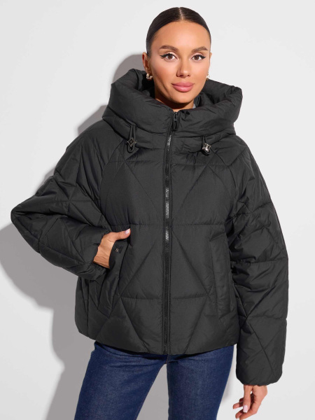 Зимний пуховик укороченный с капюшоном, черный#1