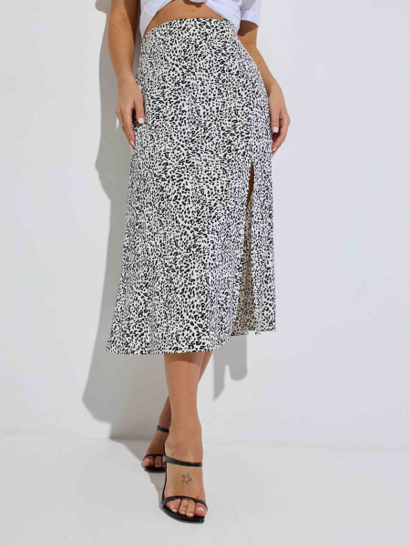 Юбка-миди с разрезом сбоку, бело-черная капелька