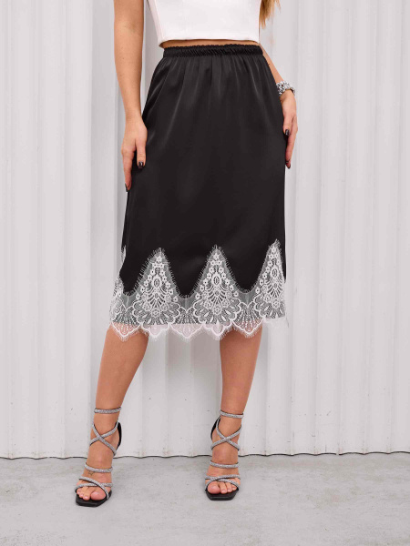 Юбка атласная с кружевом, черный/белый