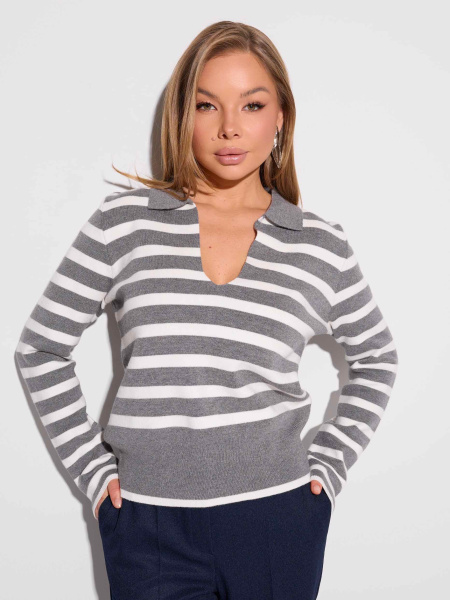Джемпер в полоску с отложным воротником, серый с белым
