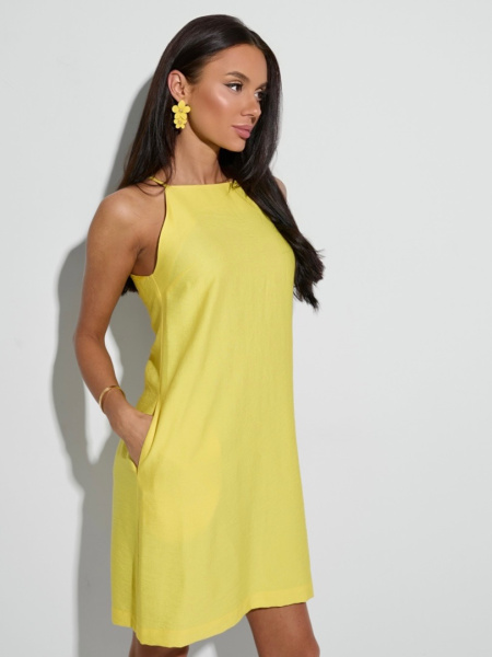 Платье мини летнее на бретельках, желтое