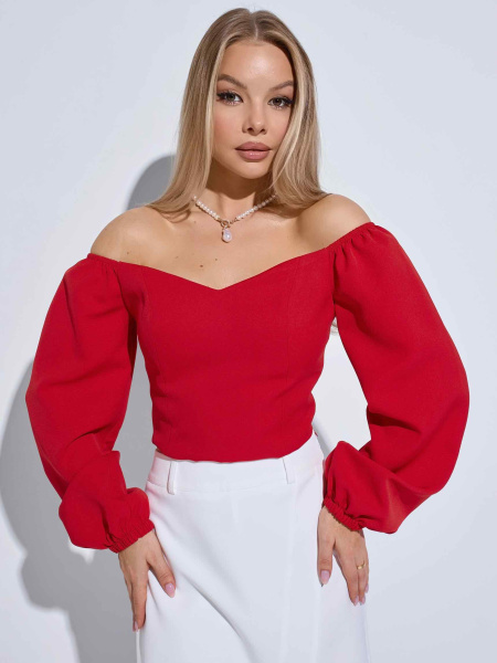 Женский приталенный топ с объемными рукавами, красный