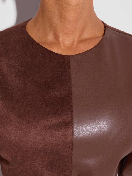 Платье комбинированное из экокожи и экозамши с поясом, горький шоколад 