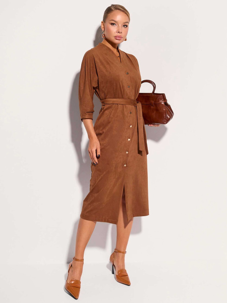 Платье-миди с поясом, темно-коричневое