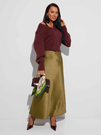 Атласная юбка-макси, оливковая