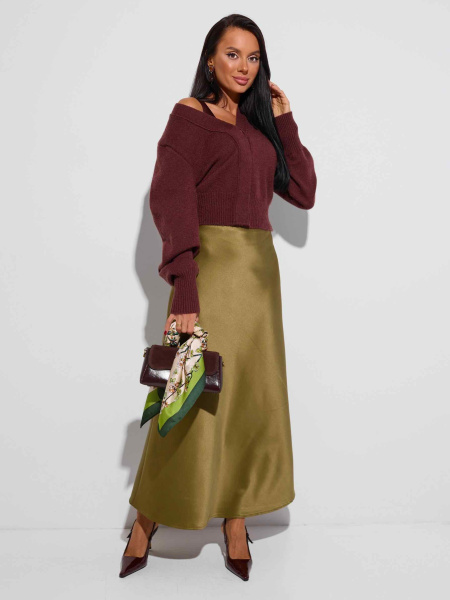 Атласная юбка-макси, оливковая