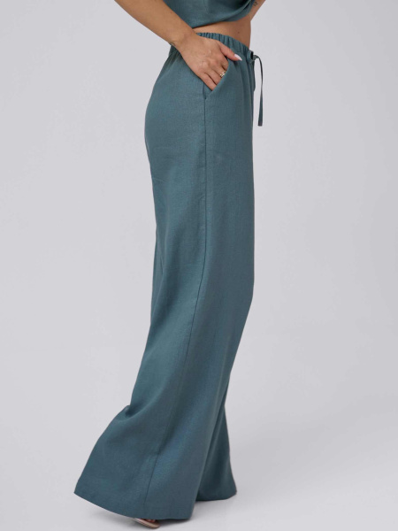 Льняные брюки-палаццо летние, серо-зеленые