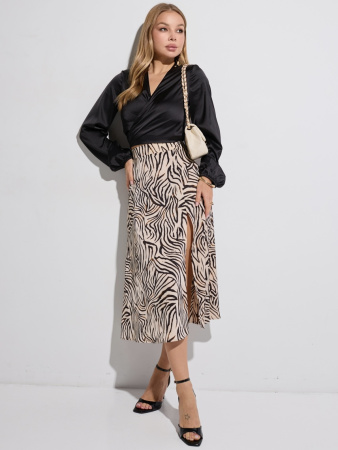 Юбка-миди с разрезом сбоку, бежево-черная зебра