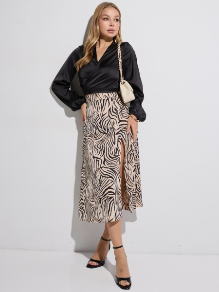 Юбка-миди с разрезом сбоку, бежево-черная зебра