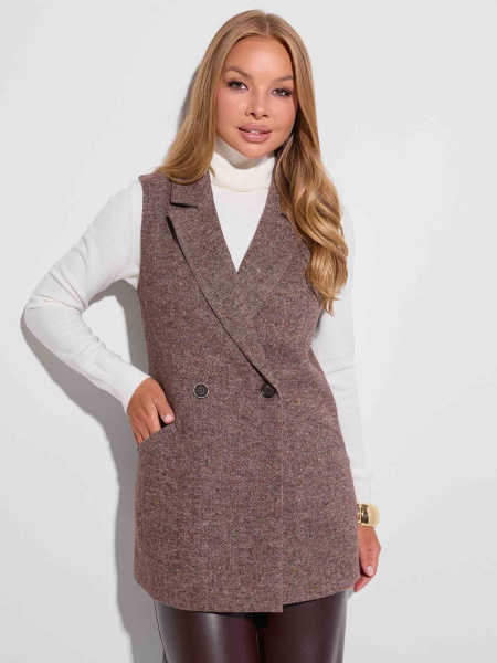 Жилет женский удлиненный двубортный из твида, коричневый 