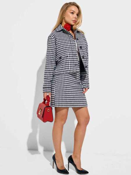 Костюм из твида «гусиная лапка» с юбкой, черно-белый