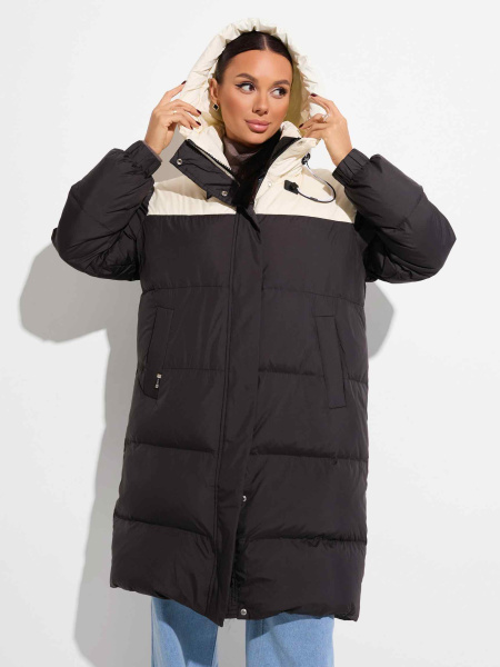 Женский длинный пуховик с капюшоном, черно-белый