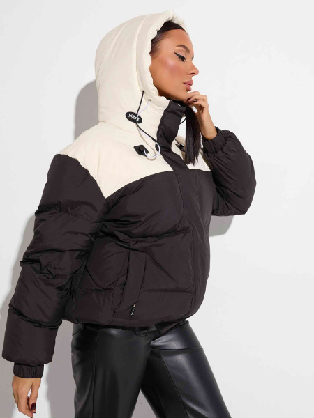 Женский укороченный пуховик с капюшоном, черно-белый