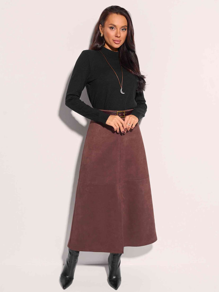 Юбка-трапеция из экозамши с разрезом, горький шоколад 