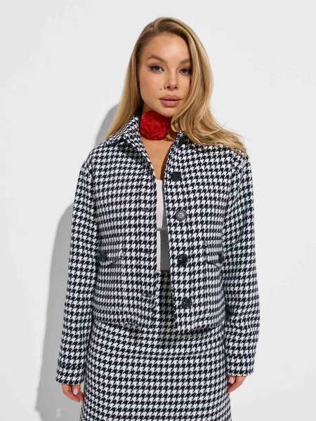 Костюм из твида «гусиная лапка» с юбкой, черно-белый