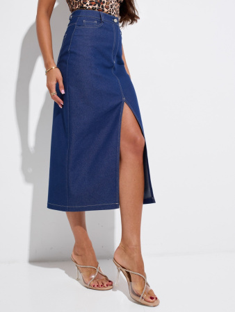 Джинсовая юбка-миди с разрезом спереди, темно-синяя