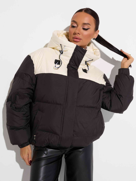 Женский укороченный пуховик с капюшоном, черно-белый