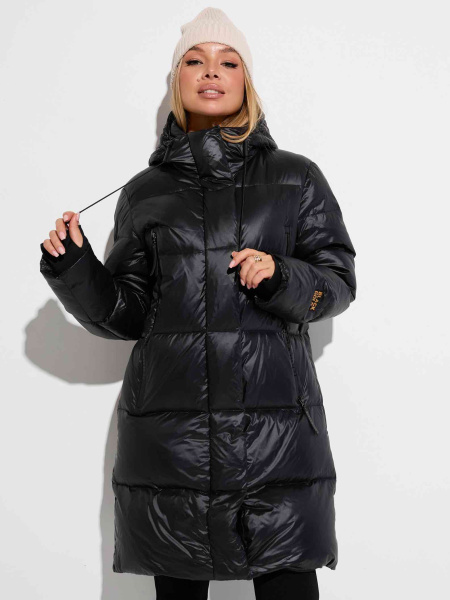 Женский пуховик с капюшоном удлиненный, черное золото