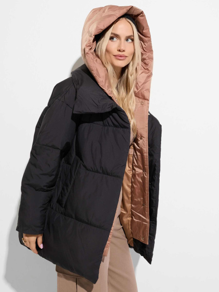 Зимний пуховик с капюшоном комбинированный, черный и светло-коричневый