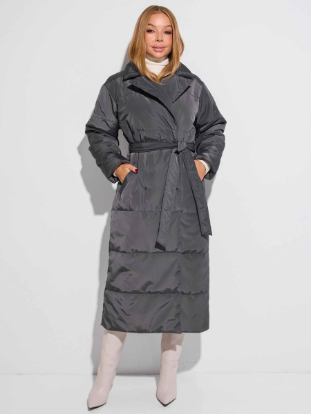 Демисезонное двубортное пальто с поясом, графит