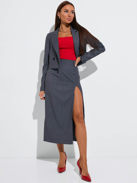 Юбка-миди классическая с разрезом на молнии, темно-серая