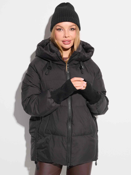 Зимний пуховик с капюшоном и высоким воротником, черный#1