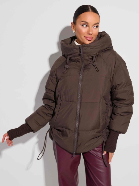 Зимний пуховик с капюшоном и высоким воротником, темный шоколад 