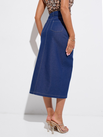 Джинсовая юбка-миди с разрезом спереди, темно-синяя