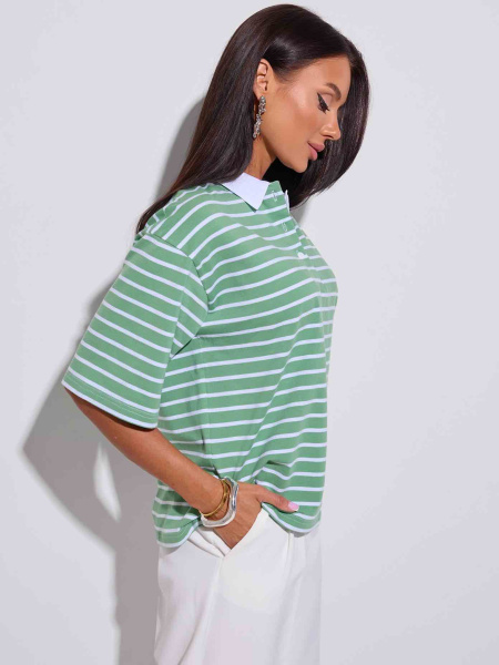 Футболка поло оверсайз в полоску, зелено-белая