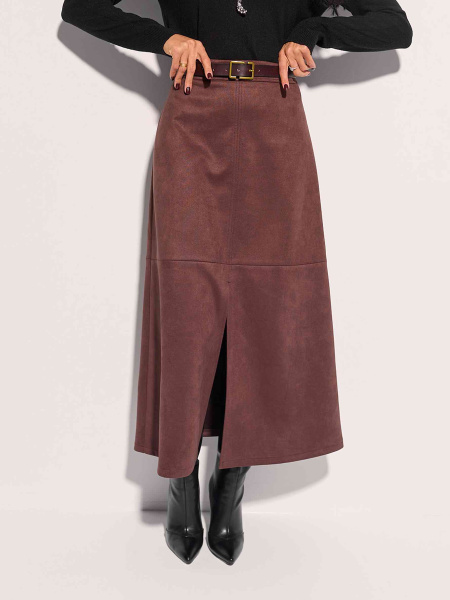 Юбка-трапеция из экозамши с разрезом, горький шоколад 