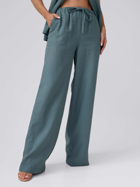 Льняные брюки-палаццо летние, серо-зеленые