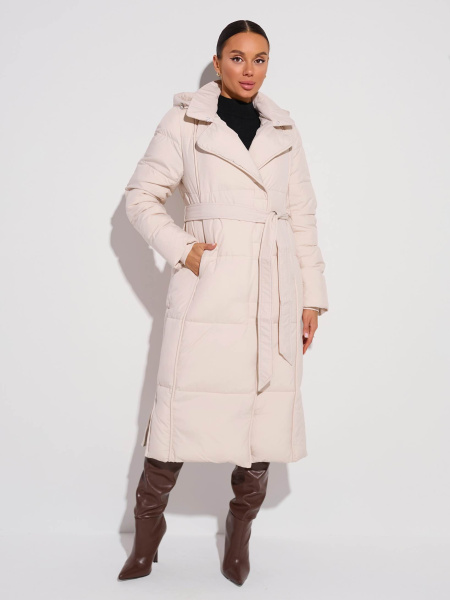 Зимнее пальто с капюшоном и меховым воротником, светло-бежевое