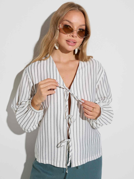 Рубашка летняя на завязка, бело-серо-зеленая