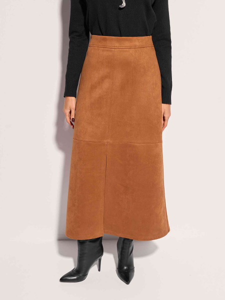 Юбка-трапеция из экозамши с разрезом, коричневая