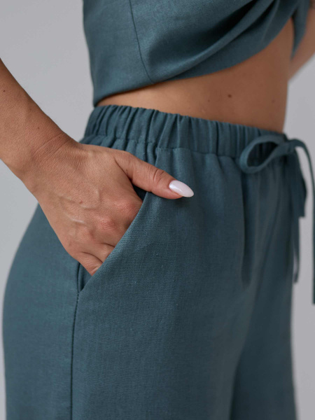 Льняные брюки-палаццо летние, серо-зеленые