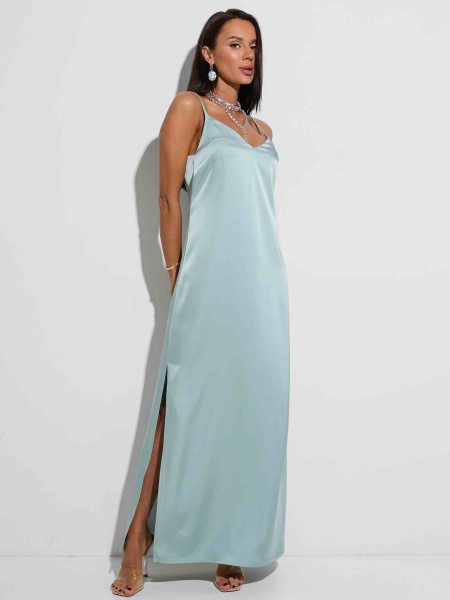 Платье атласное макси на регулируемых бретельках, оливковое